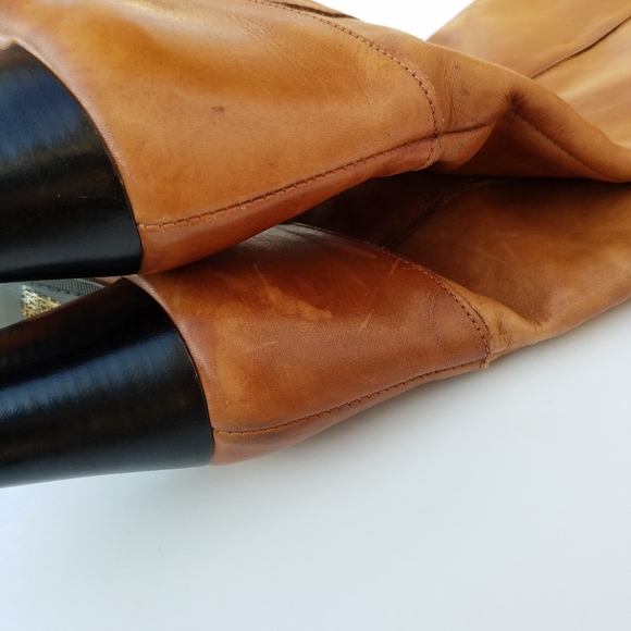 Y2K Brown leather stack heel slip on knee boots boho - Picture 4 of 8